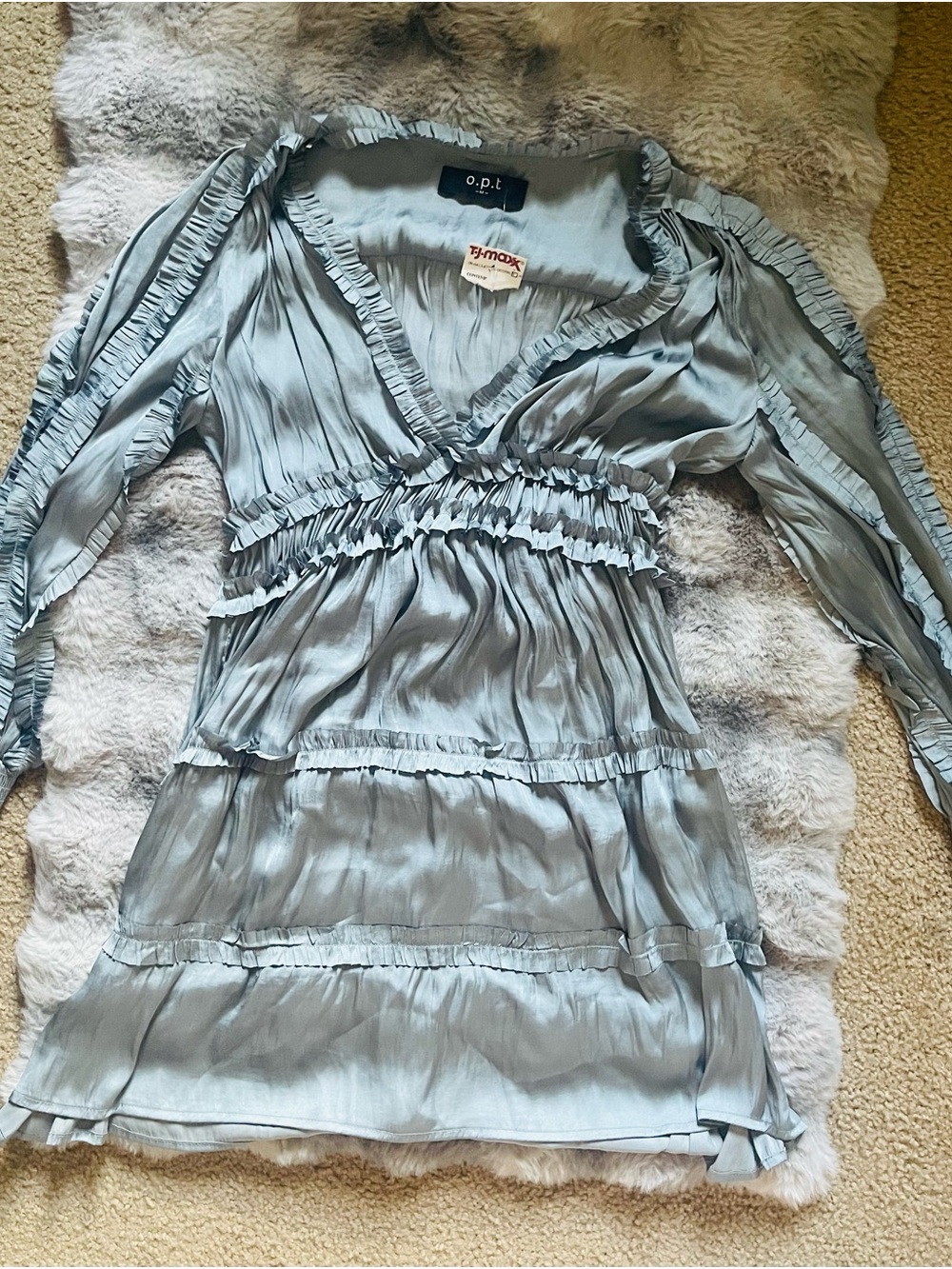 T.J.Maxx Pale Blue Ruffled V-Neck Blouse